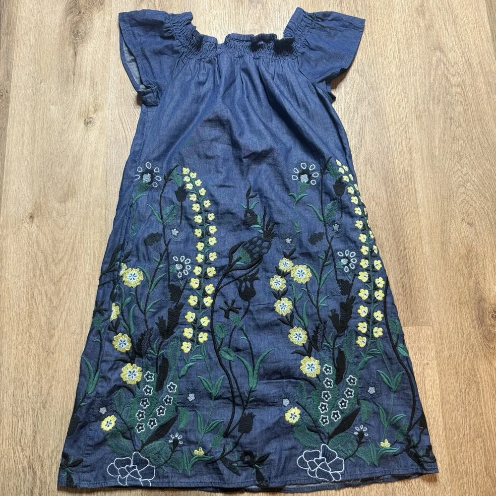 Allison‎ New York Off The Shoulder Denim Embroidered Floral Mini Dress XS